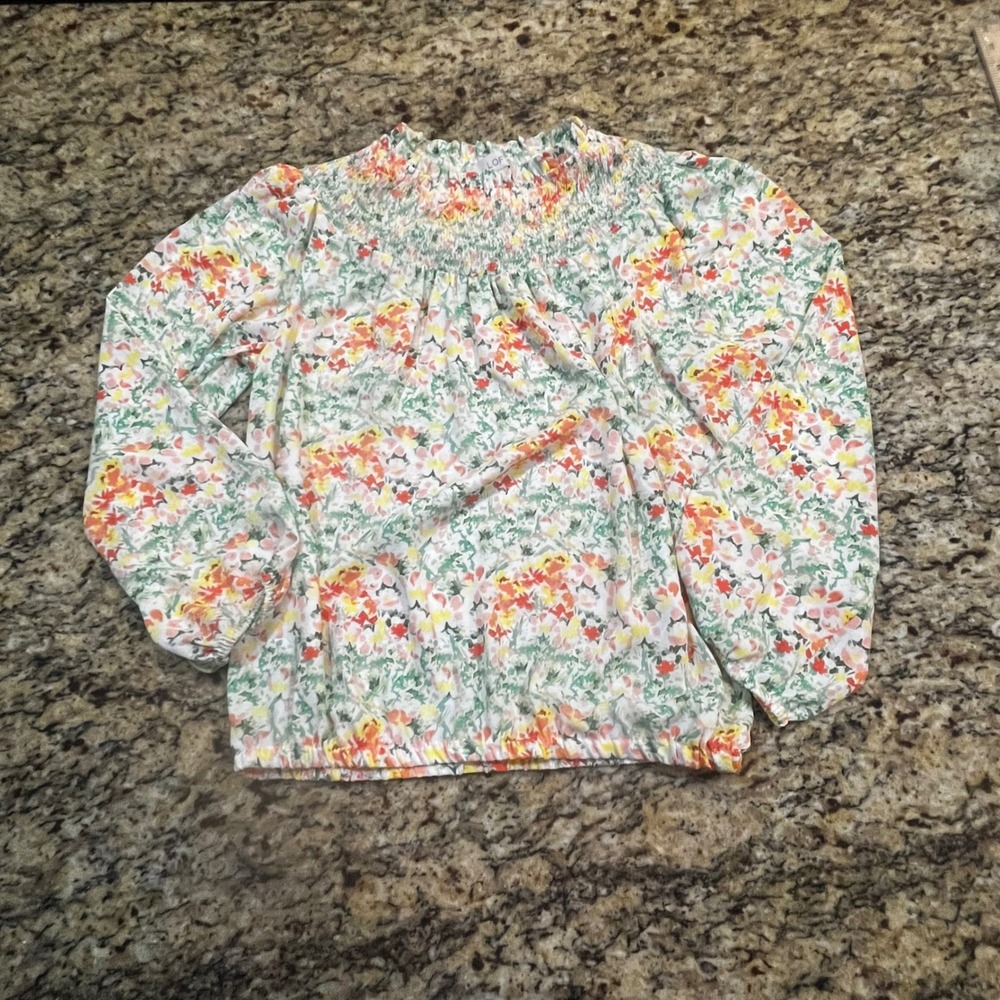 LOFT Womens XS Floral Smocked Mock Neck Long Sleeve Blouse Multicolor Elastic